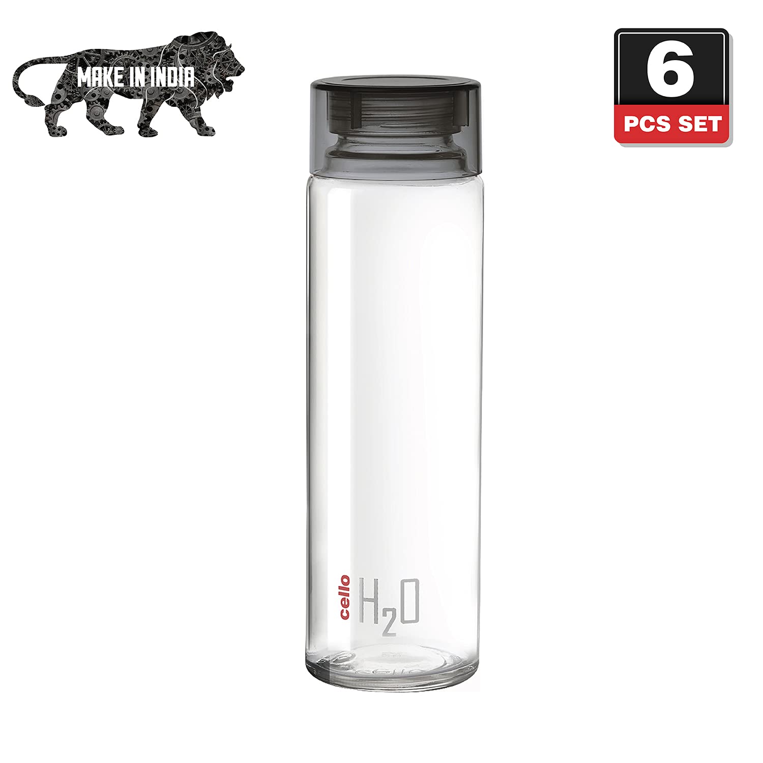 Cello H2o Glass Fridge Water Bottle With Plastic Cap | 920 Ml | Set of 6 | Black