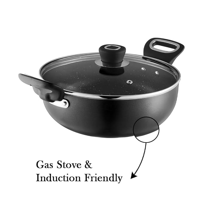 Vinod Zest Marbilo Aluminium Non Stick Deep Kadai with Glass Lid - 2.5 Litre, 24 cm | 5 Layer Coating | Soft Handle