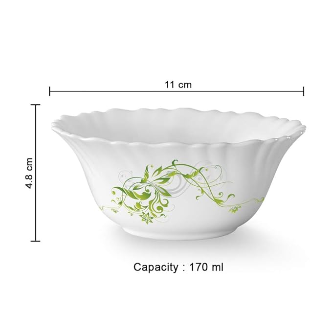 Larah by Borosil Opalware Floral Bowl | Set of 6 | White | 300 Ml