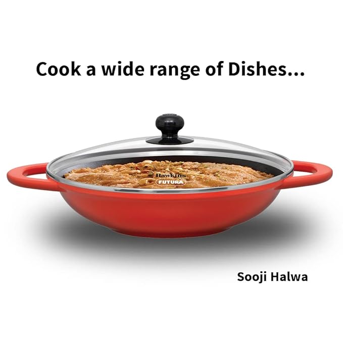 Hawkins 3 Litre Shallow Kadhai Die Cast Non Stick Frying Pan with Glass Lid
