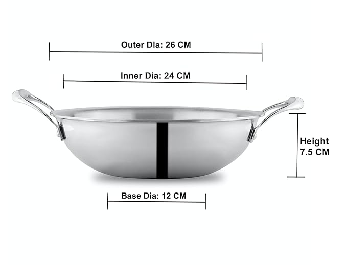 Attil Triply Stainless Steel Kadai for Kitchen With Induction Base Kadhai and Heavy Duty Kadhai | 24cm, 2.5 Litres
