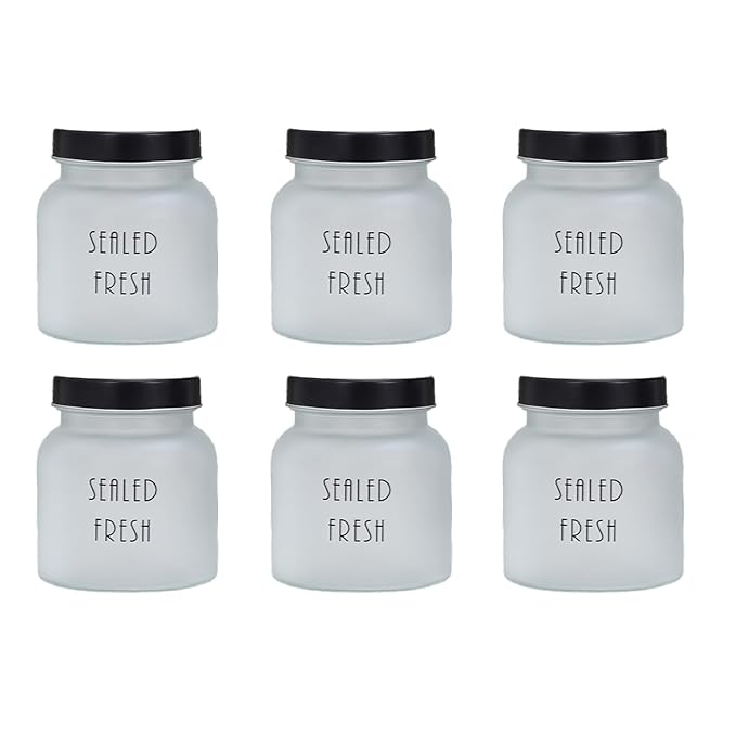 Femora Kitchen Storage Jars Frosted Glass Jar With Steel Lid Air Tight Jar| 700 Ml | Pack of 6 | Black Lid