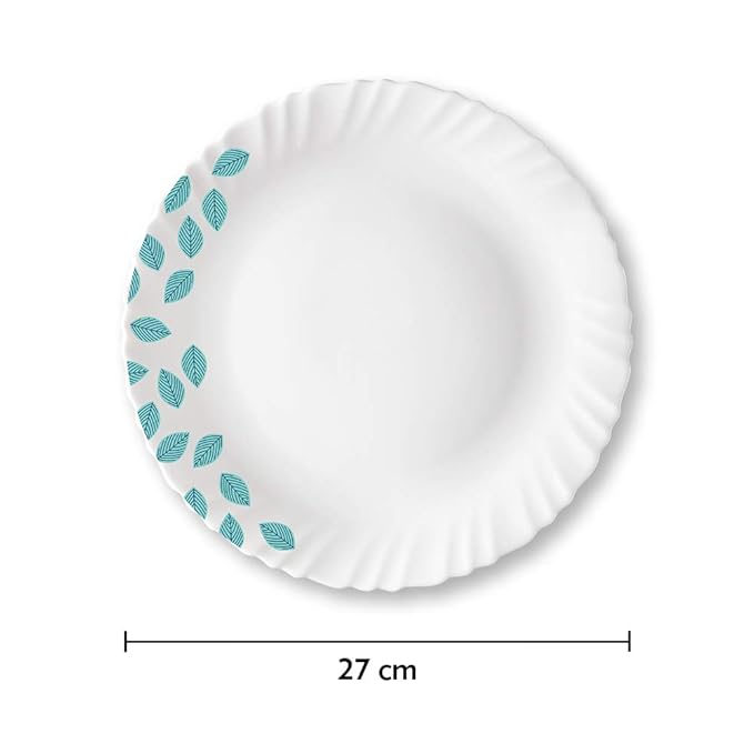 Larah by Borosil Opalware Full Plate | Blue Leaves | 11 Inch | Set of 6