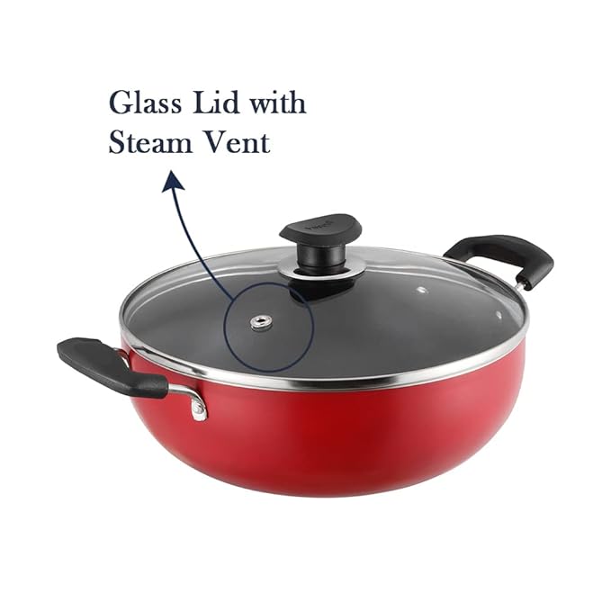 Vinod Zest Inducto Non Stick Deep Kadhai with Glass Lid - 2.6 Litre, 22cm | 3mm Thick | 3 Layer Coating