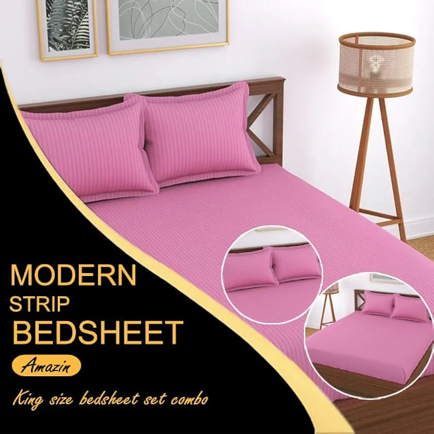 Fresh From Loom Breathable King Size Flat Striped Bedsheets Hotel & Home Double Bedsheet Set With 2 Pillow Covers 144 Tc Pink