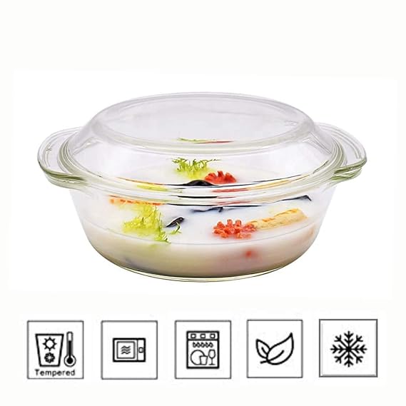 Femora Borosilicate Serving Bowl | Glass Casserole Set, Glass Bowl With Lid, Microwave Safe Bowl Set | Freezer Safe | 1000 Ml