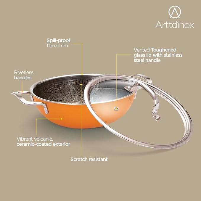 Arttdinox Vida Triply Stainless Steel Kadai | Non Stick Kadhai | Kadai With Lid for Cooking | Induction Kadai | 24cm | 2.7 Ltr