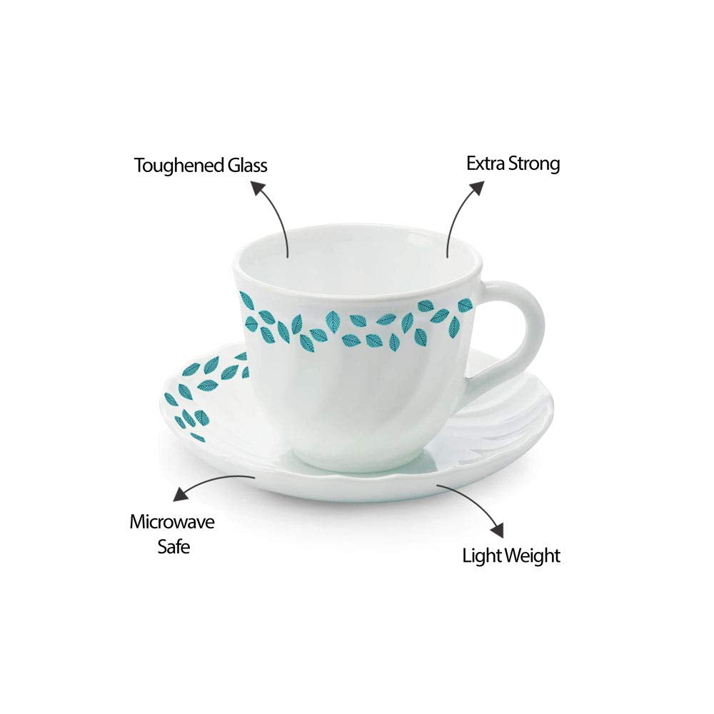 Larah by Borosil Blue Leaves Opalware Cup and Saucer Set of 12 Pcs | Tea/coffee Cups | 220 Ml Each
