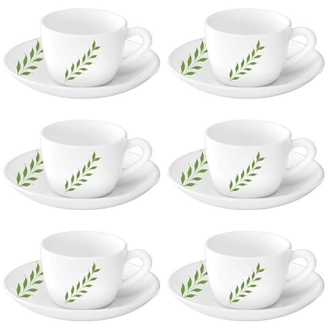Larah by Borosil Botanica Cup and Saucer Set | 140ml Each | 6-pieces | White