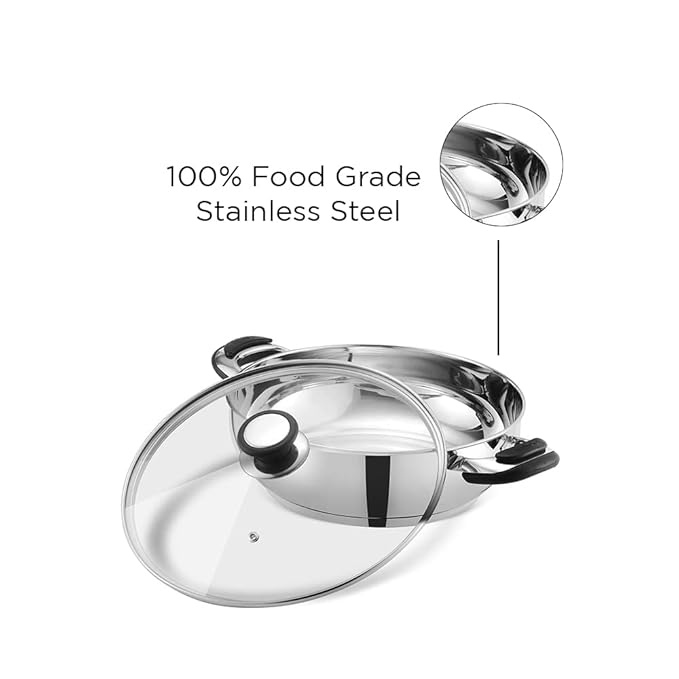 Vinod Durban Stainless Steel Kadhai with Glass Lid 1.7 Litre (20 cm) | 6.2mm Thick | Kadhai for Deep Frying