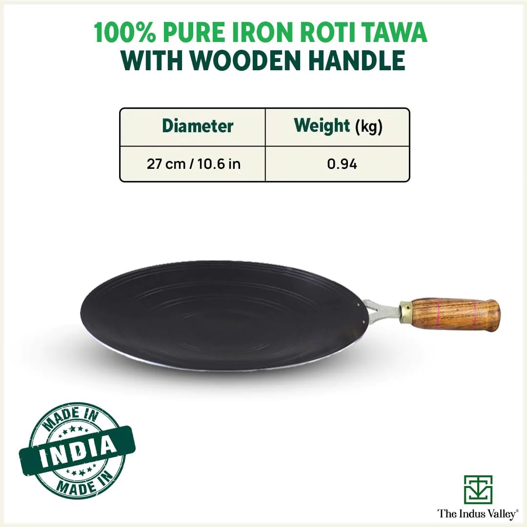 The Indus Valley Pre-Seasoned Iron Tawa for Dosa/Chapathi with Wooden Handle