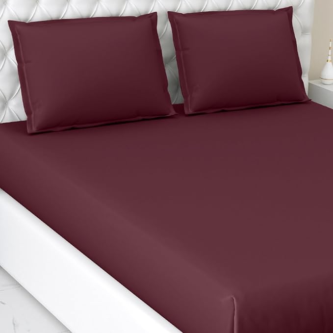 Haus & kinder Cotton Elastic Fitted Bedsheet King Size 2 Pillow Covers colour Wine