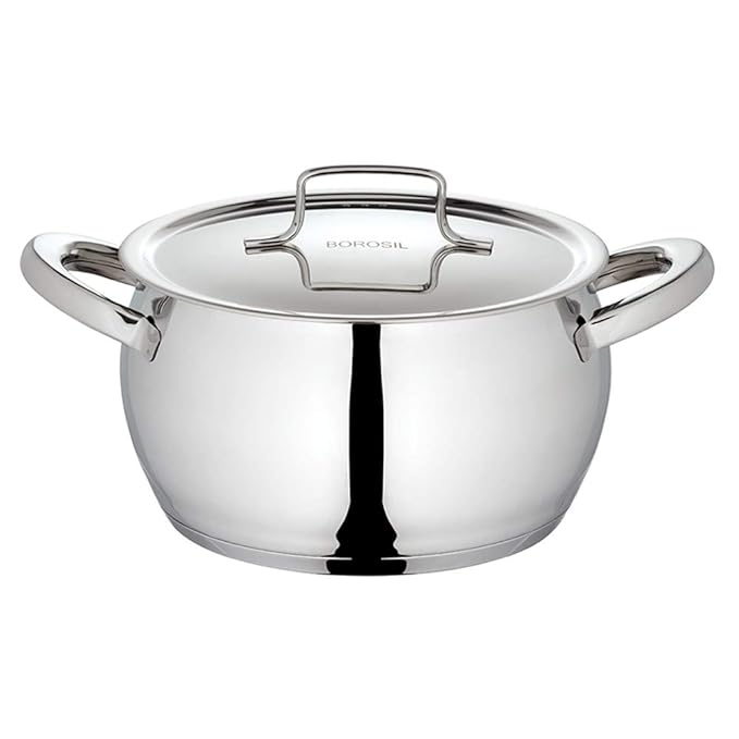 Borosil Stainless Steel Handi Casserole With Lid | Induction Friendly | Impact Bonded Tri-ply Bottom | 2.9 Litres
