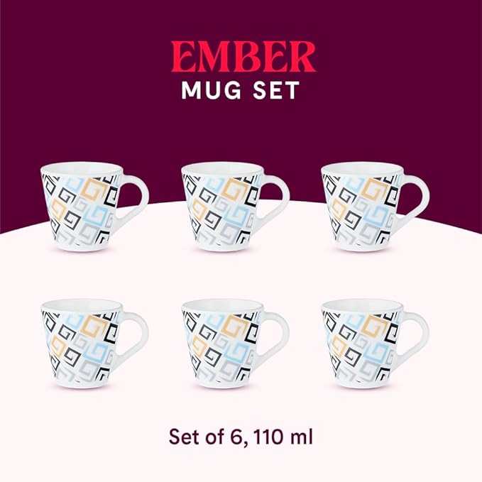 Larah by Borosil Novelty Series Ember Opalware Mug | Set of 6 Tea/coffee Mugs | 110 Ml Each