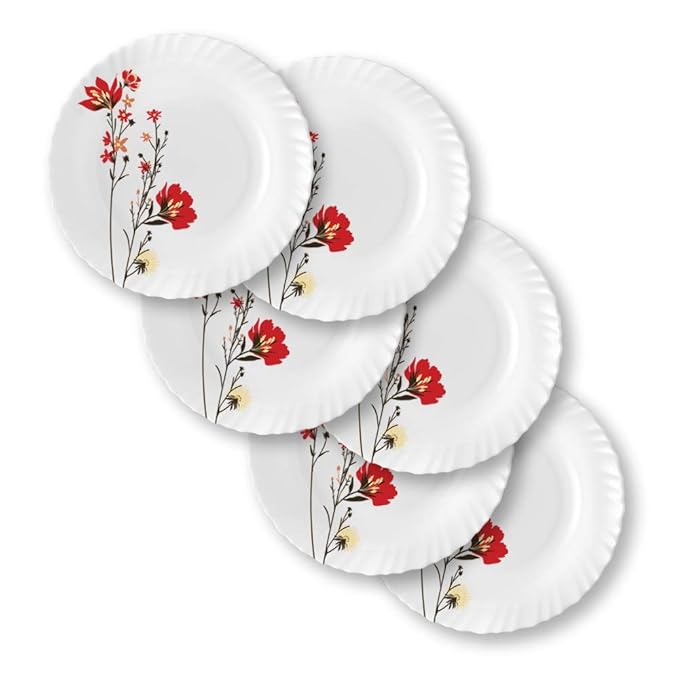 Larah by Borosil Opalware Full Plate | 11 Inch | Set of 6 | Red & White