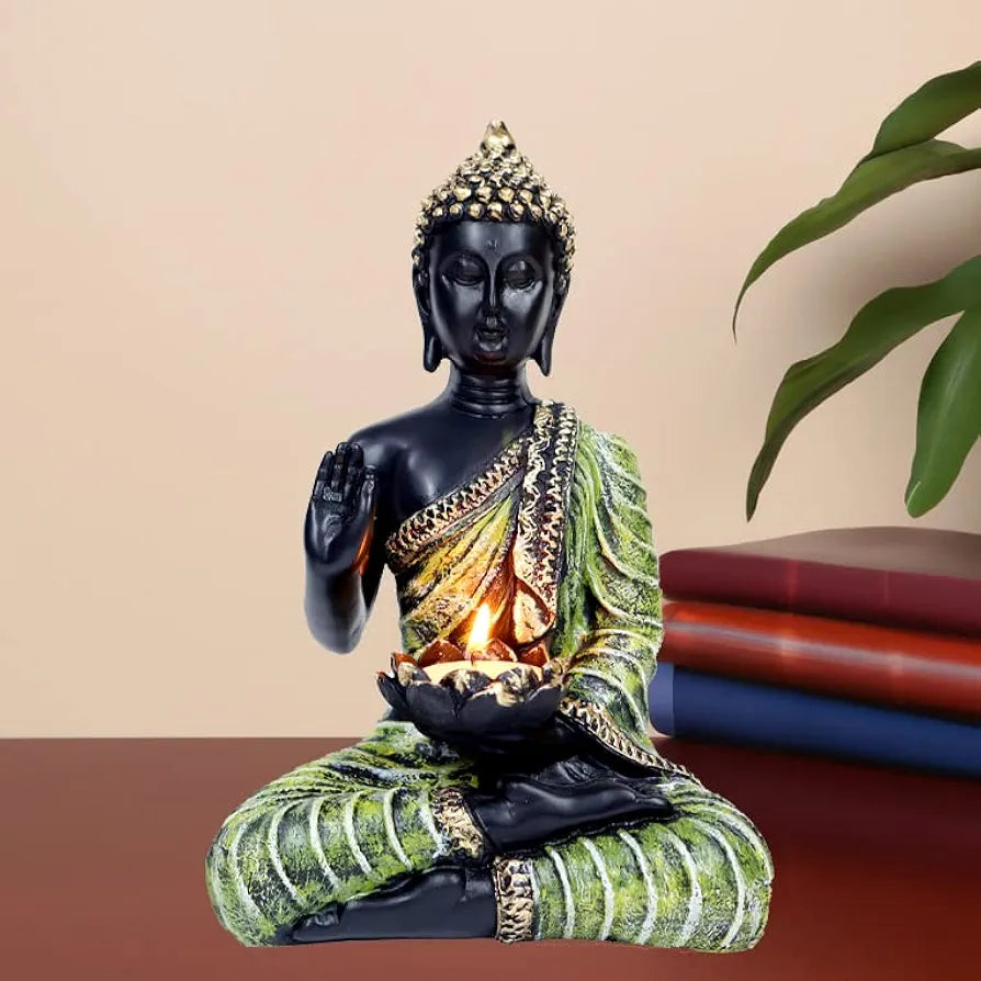 Jaipur Ace Sitting Buddha Idol Statue for Home Decorations Items Showpiece Green tea Light Buddha