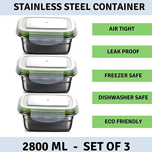 Femora Lunch Box High Steel Rectangle Heavy Duty Airtight Leakproof Unbreakable Storage Container With Lock Lid | 2800 Ml | Set of 3
