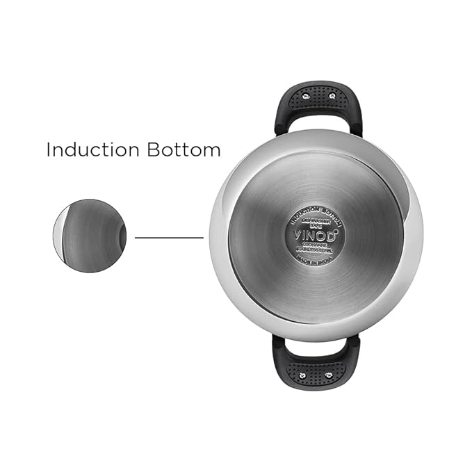 Vinod Durban Stainless Steel Kadhai with Glass Lid 1.7 Litre (20 cm) | 6.2mm Thick | Kadhai for Deep Frying | Induction and Gas Base