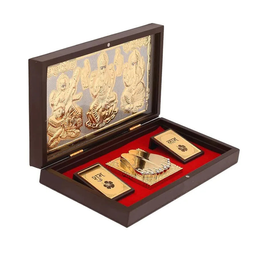 Jaipur Ace Gold Plated Laxmi Ganesh Saraswati Charan Paduka Yantra Devotional Prayer Box Standard