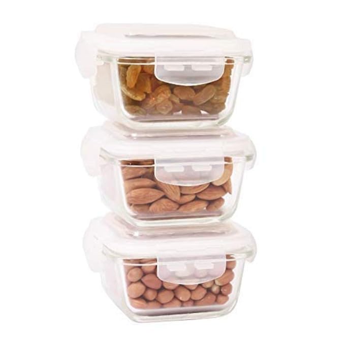 Femora Borosilicate Glass Containers for Kitchen | Storage Box for Kitchen With Air Vent Lid | Set of 3 |180 Ml