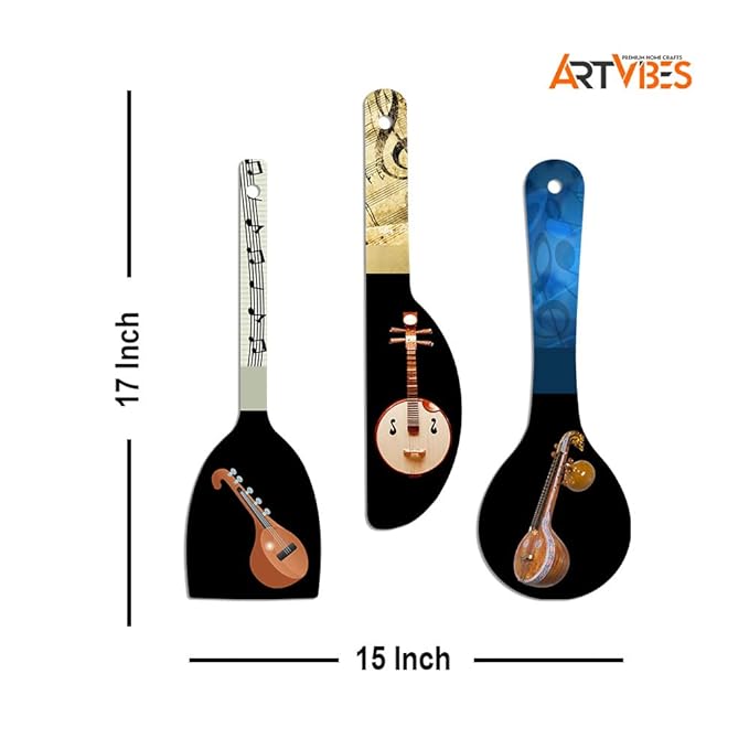 Artvibes Sitar Music Instrument Wooden Wall Hanger for Home | Artworks | Set of 3