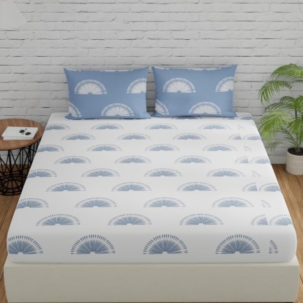 Huesland by Ahmedabad Cotton 144 TC Bedsheet for King Size Bed with 2 Pillow Covers | Sunrise | White & Powder Blue