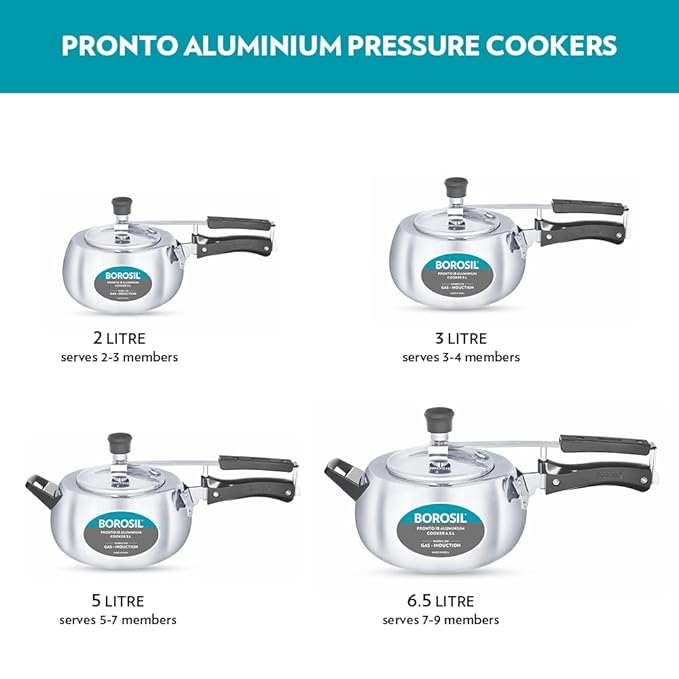 Borosil Pronto Induction Base Inner Lid Aluminium Pressure Cooker | 3.6 Mm Thick Base | 5 Litres | Silver