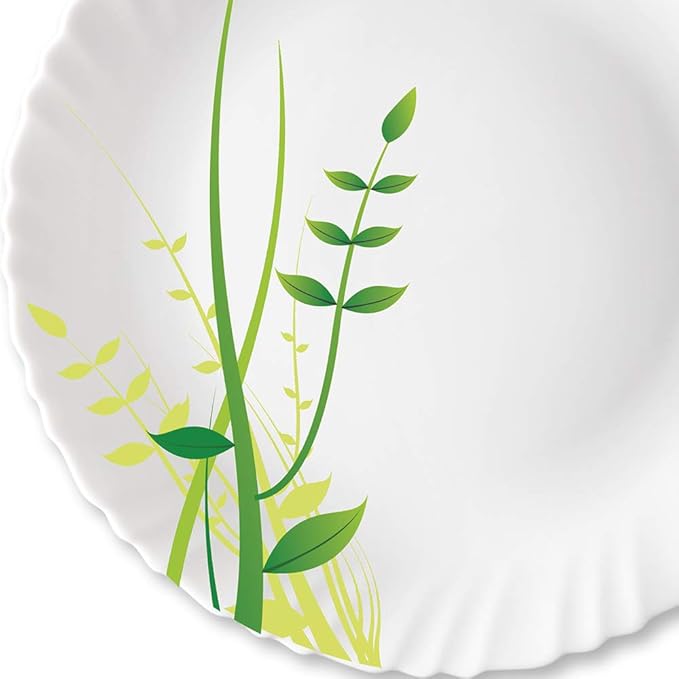 Larah by Borosil Green Herbs, Opalware Full Plate | 11 Inch |white | Set of 6