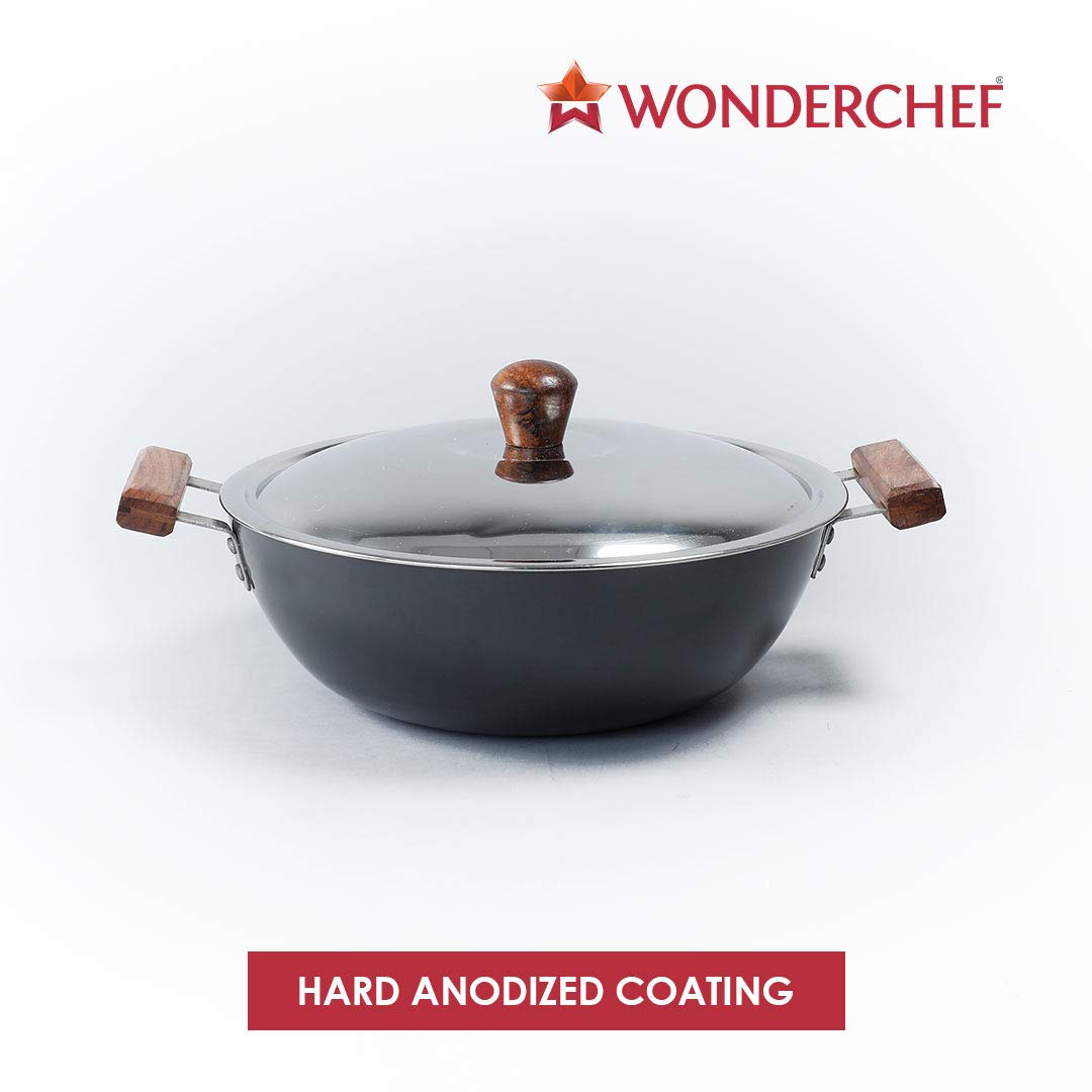 Wonderchef Ebony Hard Anodized Wok With Lid - 28cm | 4.5 Litres
