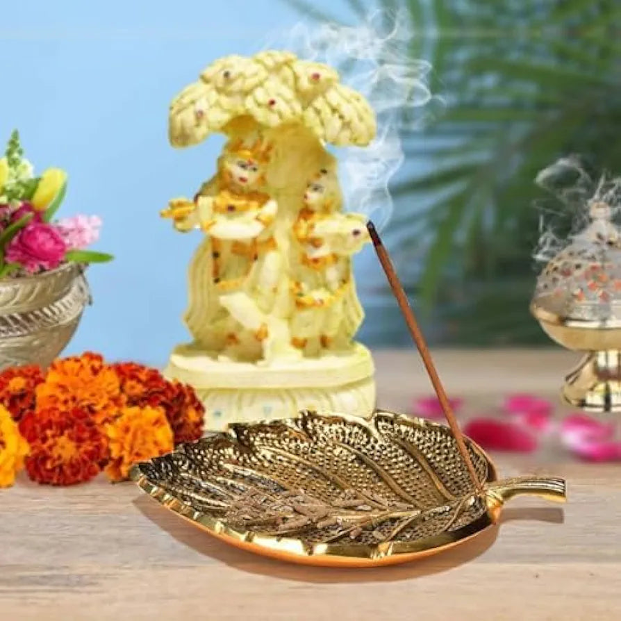 Pure Source India Leaf Design Aluminium Agarbatti Stand Incense Holder Ashcacher Gold Antique