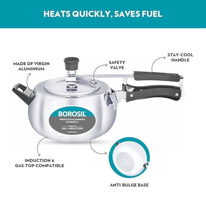 Borosil Pronto Induction Base Inner Lid Aluminium Pressure Cooker | 3.6 Mm Thick Base | 5 Litres | Silver