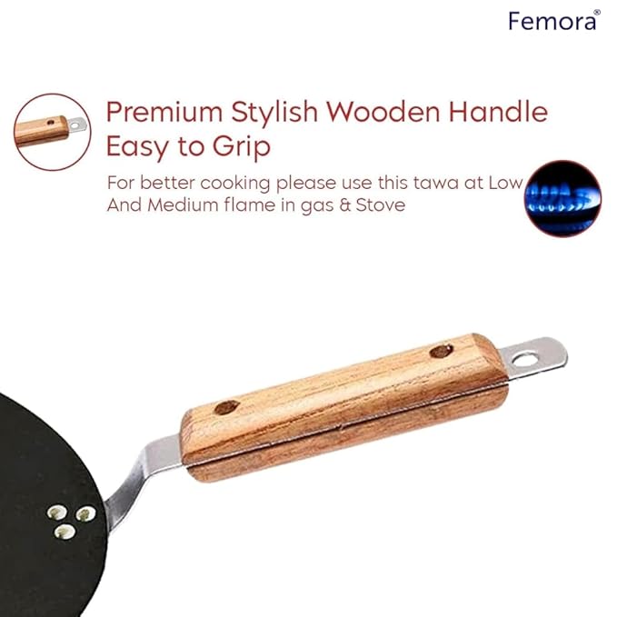 Femora 12 Inchs Iron Flat Tawa With Wooden Handle | Tawa for Roti