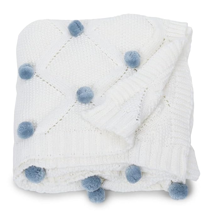 Haus & kinder Cotton Knitted Blanket For New Born Baby All Season Ac Blankets 0 To 2 Years Bubblegum Blue Pom Pom