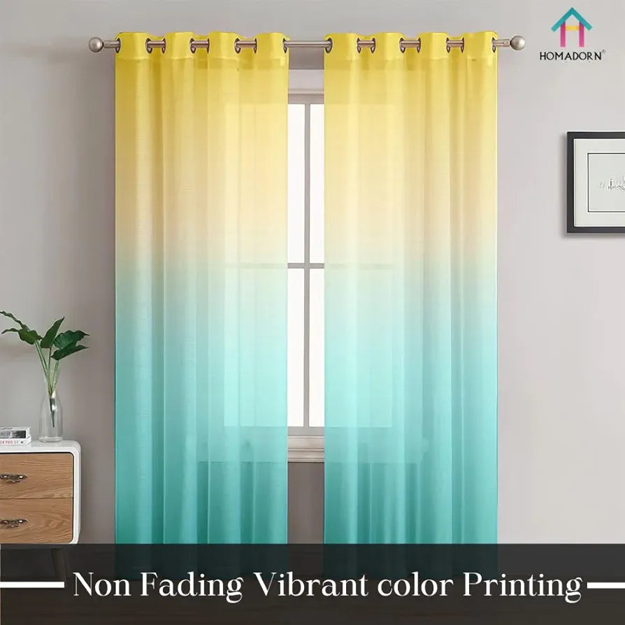 Homadorn Ombre Printed Linen Textured Sheer Curtains Yellow + Sky