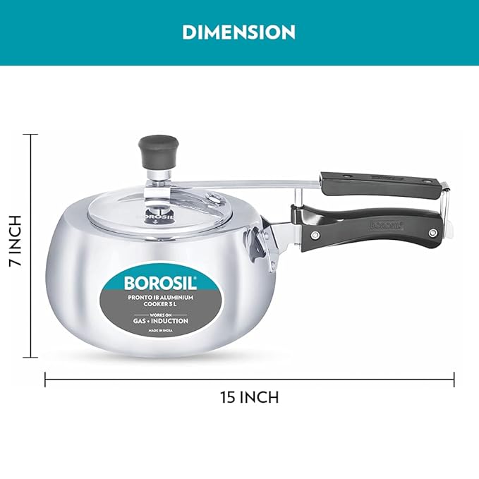 Borosil Pronto Induction Base Inner Lid Aluminium Pressure Cooker | 3.6 Mm Thick Base | 3 Litres | Silver