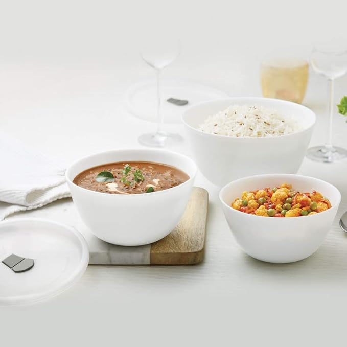 Larah by Borosil Opalware Solid Serving Bowl With Lid | Set of 3 | White