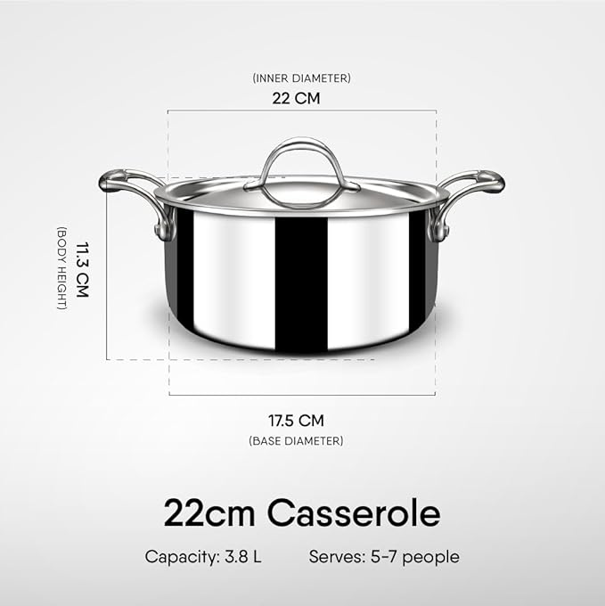 Stahl Triply Stainless Steel Casserole With Lid | Artisan 4122 | 22 Cm | 3.8 Liters