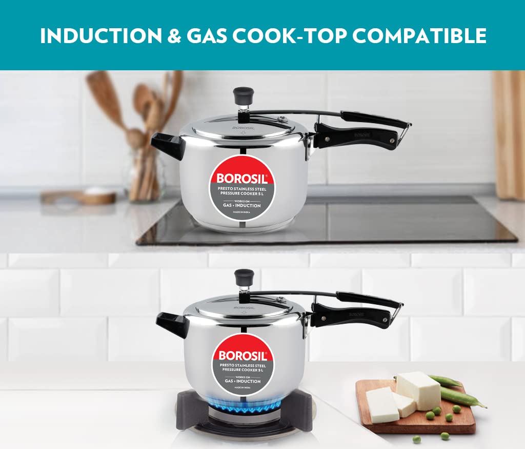 Borosil Presto Induction Base Stainless Steel Inner Lid Pressure Cooker | 5 Litres