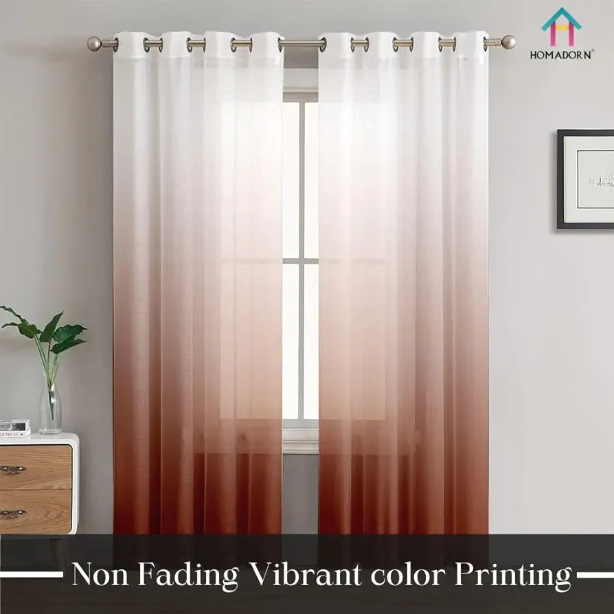 Homadorn Ombre Printed Linen Textured Sheer Curtains Off White
