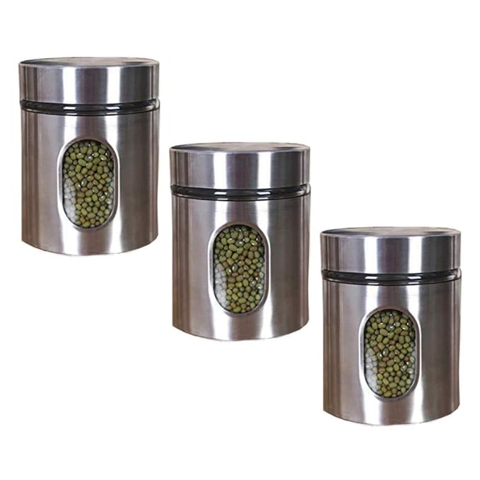 Femora Kitchen Storage Jars Steel Body With See Through Window Jar | 300 Ml | Pack of 3