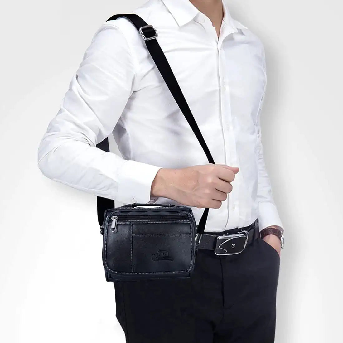 Leather World Sling Bag for Men PU Leather Messenger Cross Body Travel Office One Side Chest Shoulder Bag for Men & Women -Black