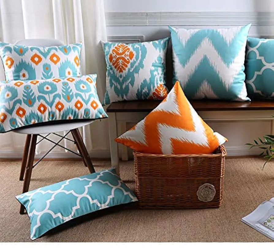 Aerohaven Ikat Style Cushion Covers Teal & Orange Abstract Prints Cotton Decorative Throw Pillows for Sofa & Home