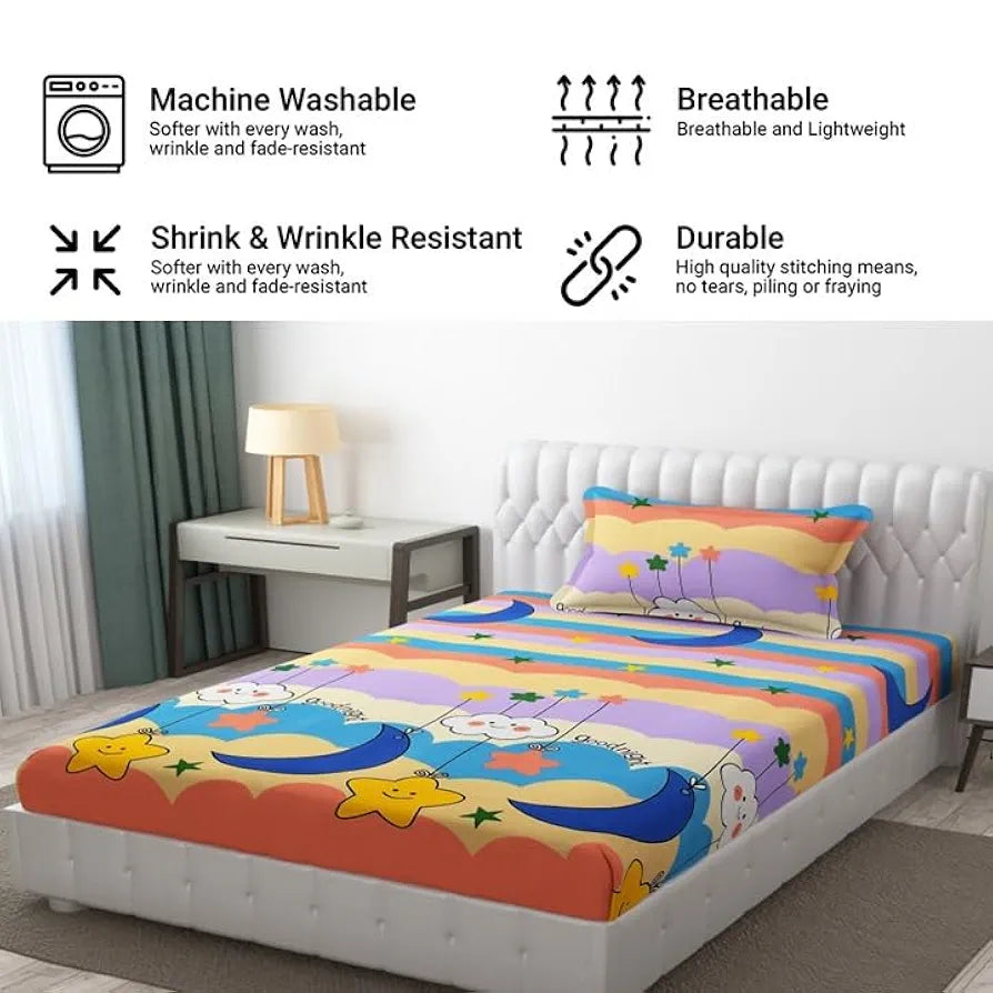 Fresh From Loom Wrinkle Free Glace Animal Print Cotton Bedsheet For Kids Single Bedsheet With 1 Pillow Covers 144 Tc Gud Night Multicolor