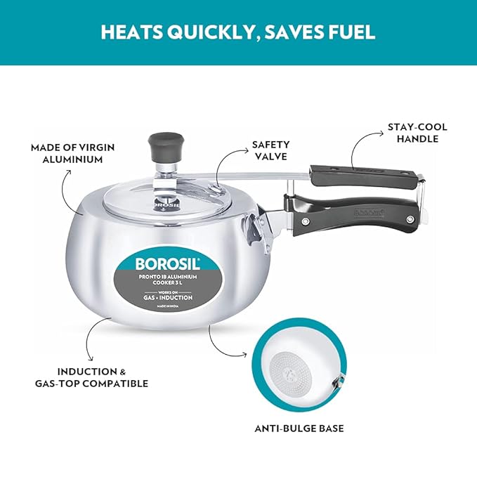 Borosil Pronto Induction Base Inner Lid Aluminium Pressure Cooker | 3.6 Mm Thick Base | 3 Litres | Silver