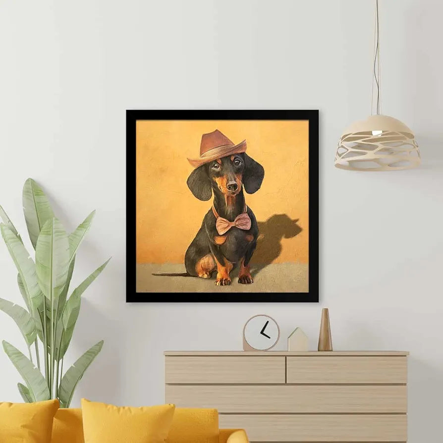 ArtX Black Dog Oil Paint Big Canvas Painting For Bedroom and Living Room With Frame