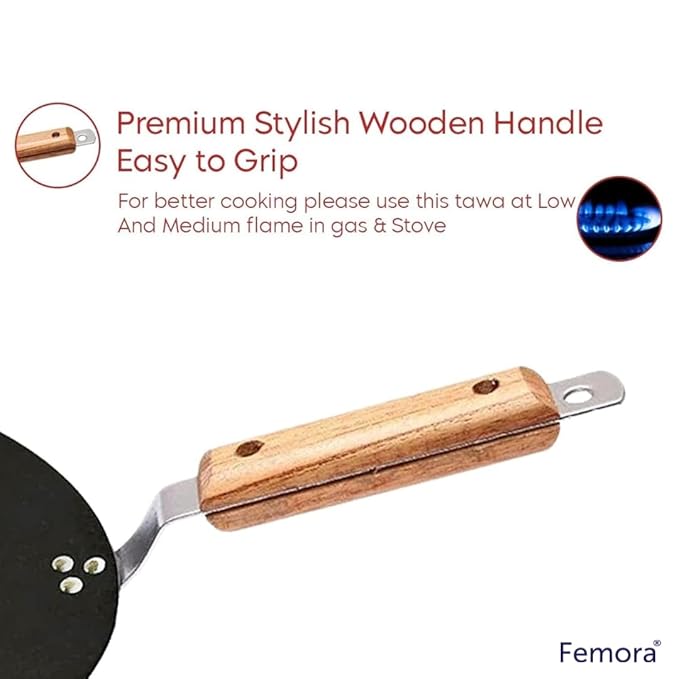 Femora Iron Concave Tawa 12 Inch | 30 Cm | Tava for Roti With Strong Wooden Handle Black | Gas Stovetop Compatible