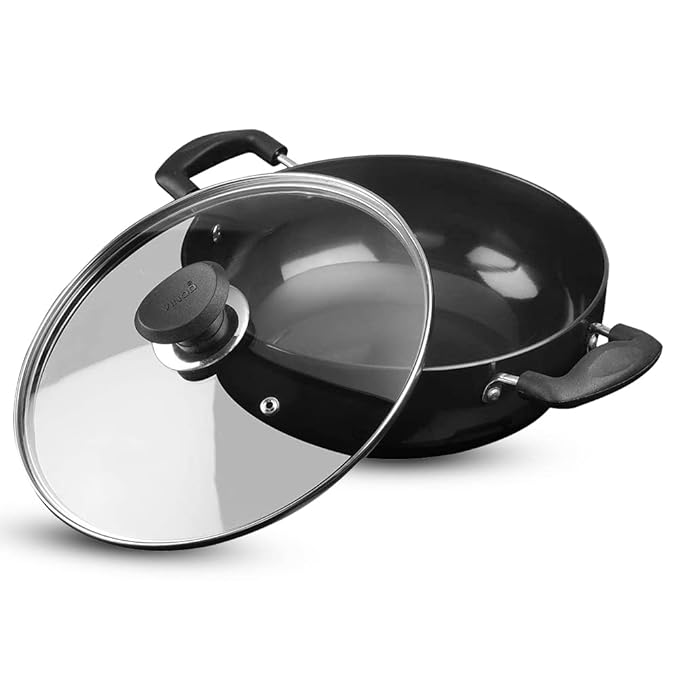 Vinod Black Pearl Plus Hard Anodised Deep Kadhai with Lid - 4.1 Litre, 26 cm | 3.25mm Thick | Natural Stick Free Kadai