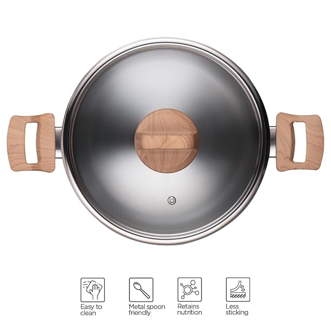 Arttdinox Timber Stainless Steel Triply Pot With Glass Lid | 25 Cm | 5 Ltr | Wood Finished Handle | Induction & Gas Base