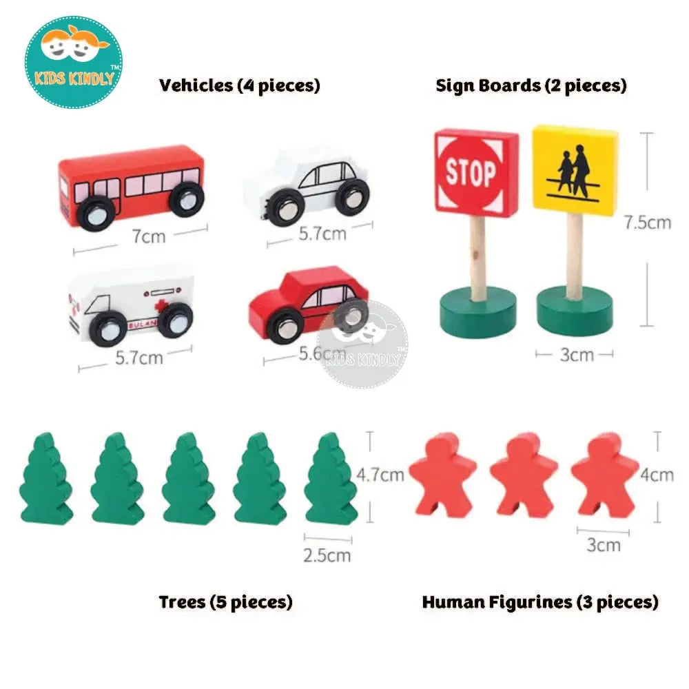 KIDS KINDLY Wooden Railway Overbridge Vehicles Set Toy for Kids  | Wooden Cars | Rail Overpass | Traffic Signals, Signboards & Buildings | Monteszori Jigsaw Puzzle Boys & Girls | 3+ Years