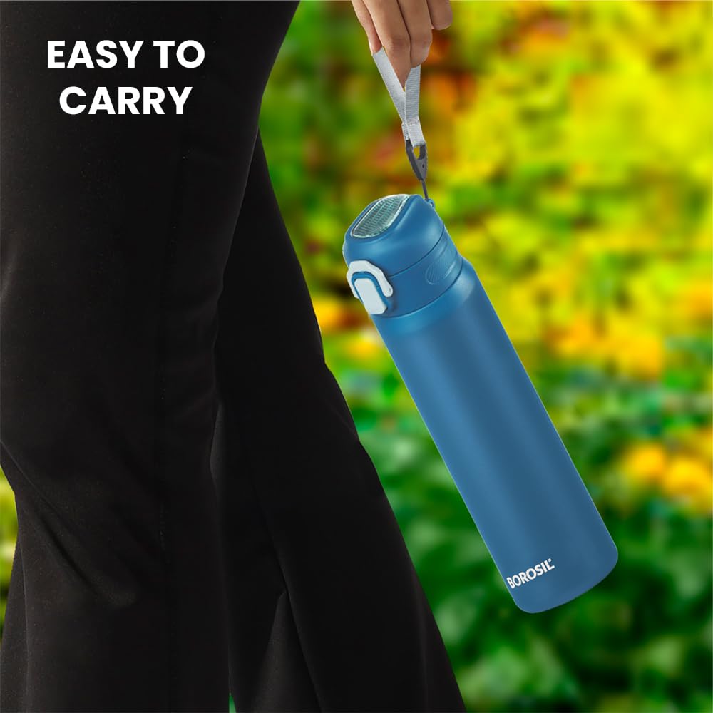 Borosil Aquasport 800 Ml Stainless Steel Insulated Water Bottle | Double Wall Vaccum Insulated, Flask | 10 Hours Hot & Cold | Blue